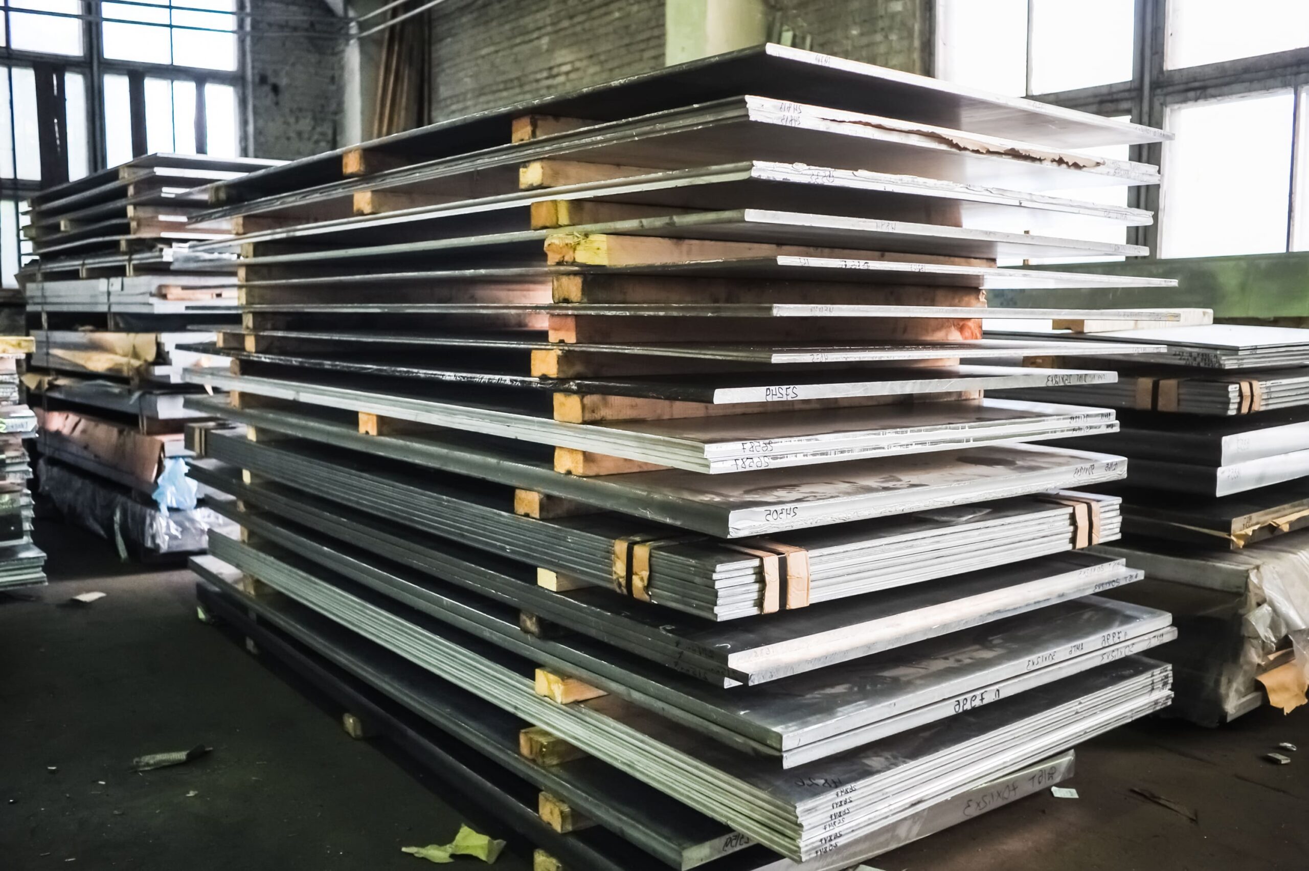 Sheets of steel stacked high, a variety of widths
