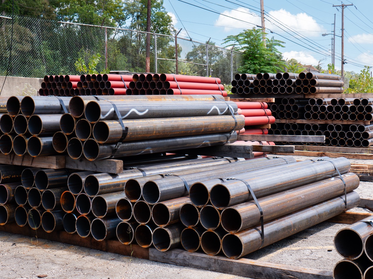 Steel pipes outside bundled and wrapped