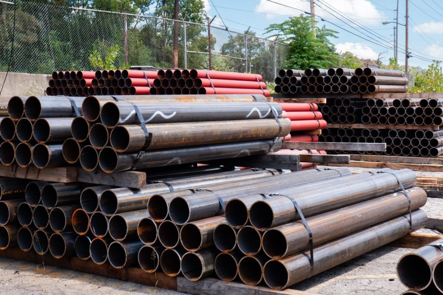 Steel pipes outside bundled and wrapped